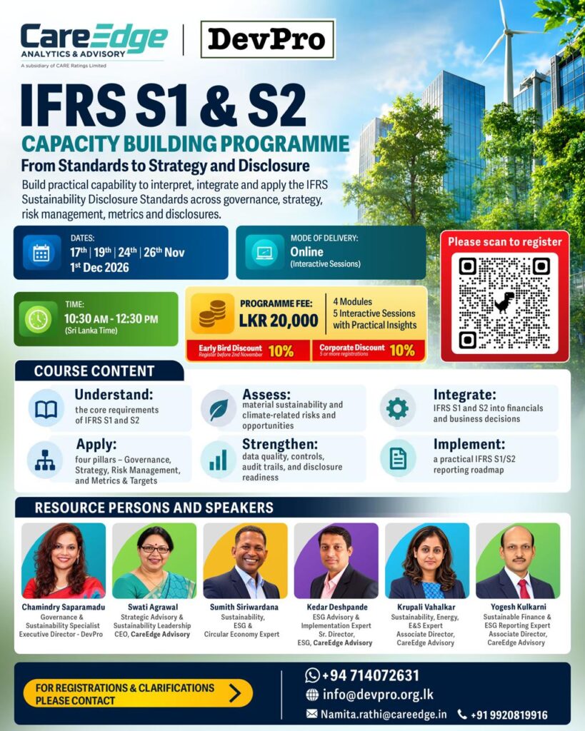 Poster for the IFRS S1 & S2 Capacity Building Programme by CareEdge Analytics & Advisory and DevPro, online, 17, 19, 24 and 26 Nov and 1 Dec 2026